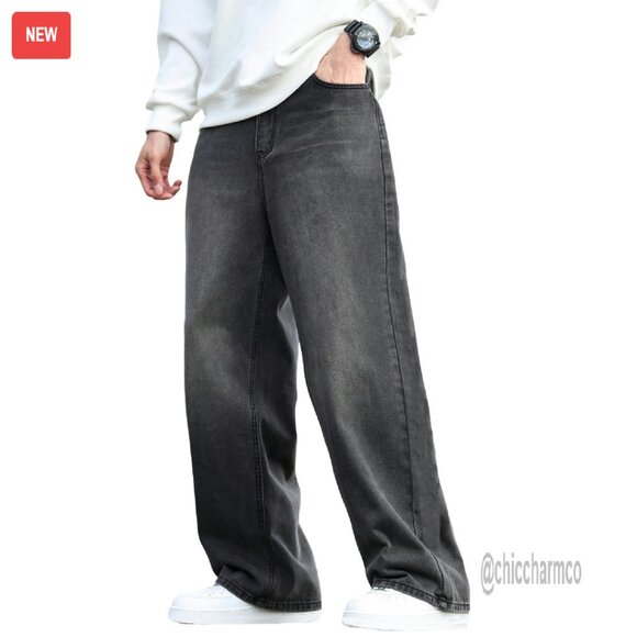 Men's Baggy Distressed Denim Jeans Wide Leg Loose Fit Streetwear